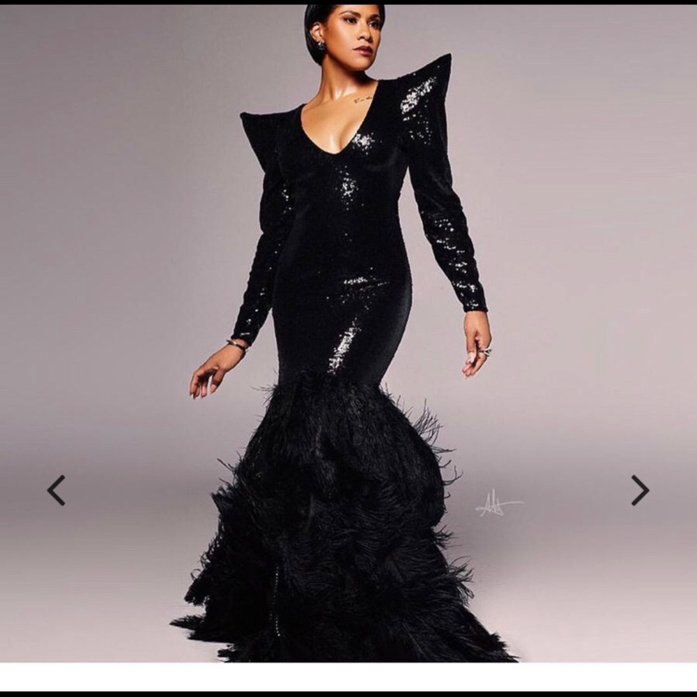 Black sequin dress with long train